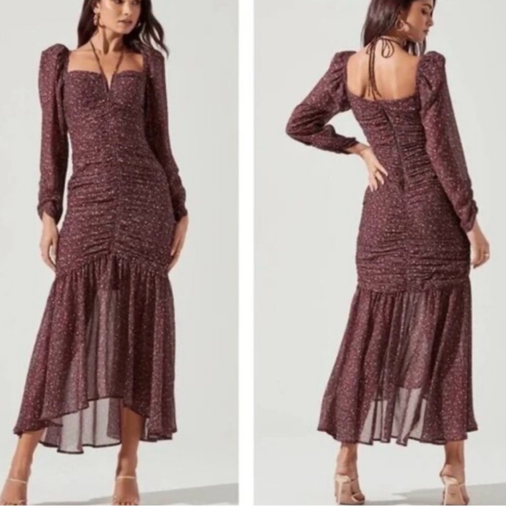 ASTR the Label Athena Ruched Long-Sleeve Ruffle-Trim Dress